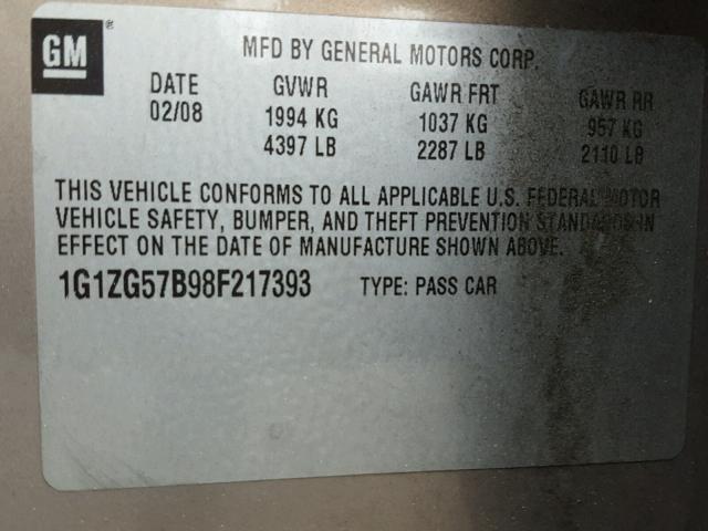 1G1ZG57B98F217393 - 2008 CHEVROLET MALIBU LS BEIGE photo 10