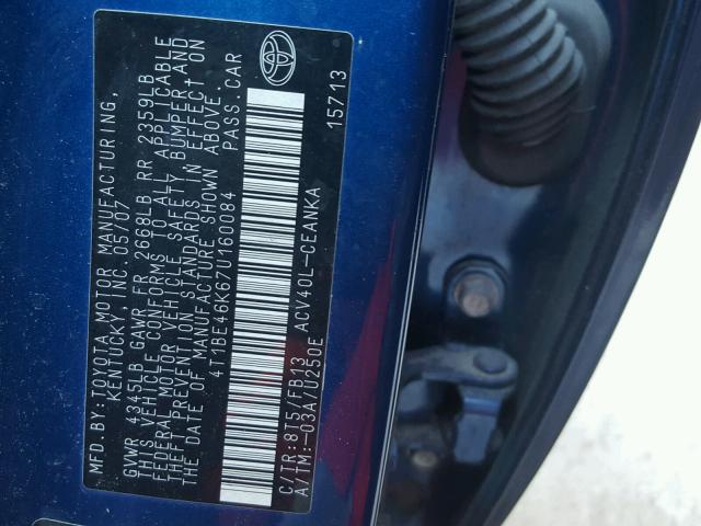 4T1BE46K67U160084 - 2007 TOYOTA CAMRY NEW BLUE photo 10