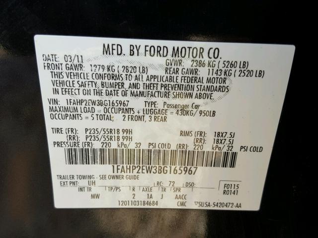 1FAHP2EW3BG165967 - 2011 FORD TAURUS SEL BLACK photo 10