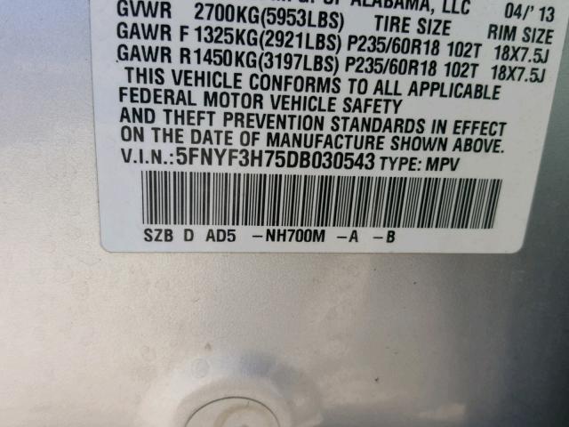 5FNYF3H75DB030543 - 2013 HONDA PILOT EXLN SILVER photo 10