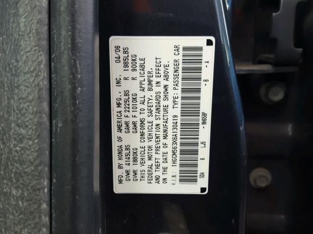 1HGCM563X6A130419 - 2006 HONDA ACCORD SE GRAY photo 10