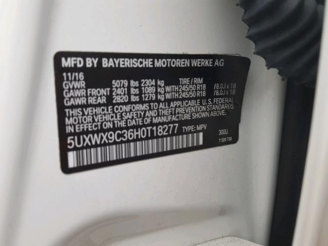 5UXWX9C36H0T18277 - 2017 BMW X3 XDRIVE2 WHITE photo 10