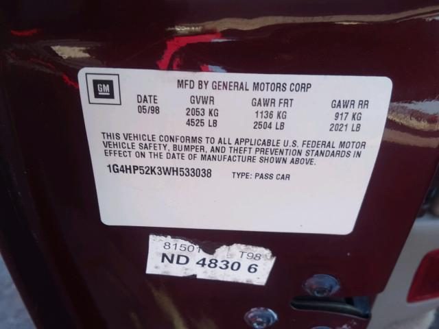 1G4HP52K3WH533038 - 1998 BUICK LESABRE CU MAROON photo 10