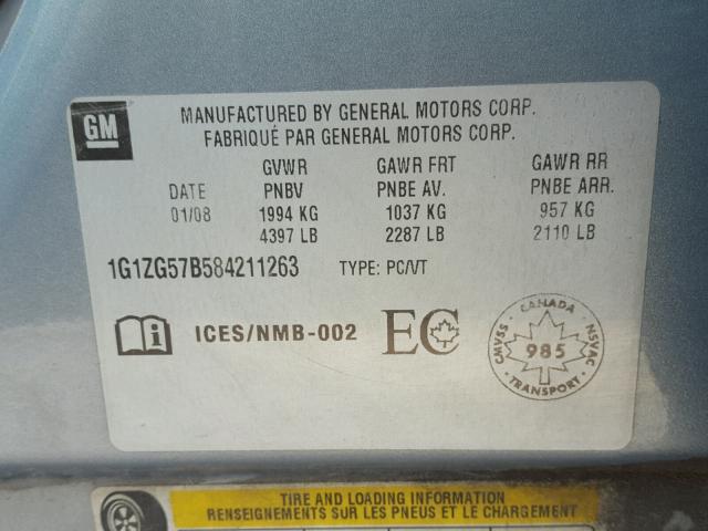 1G1ZG57B584211263 - 2008 CHEVROLET MALIBU LS Mavi foto 10
