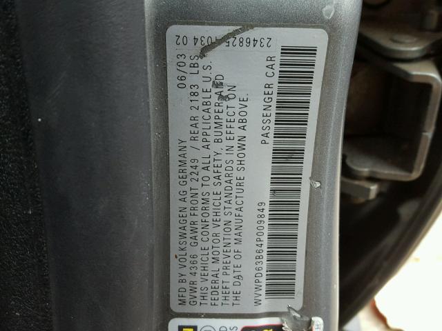 WVWPD63B64P009849 - 2004 VOLKSWAGEN PASSAT GLS GRAY photo 10