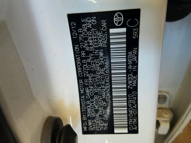 JTDKN3DU6D1636611 - 2013 TOYOTA PRIUS 白色 照片 10