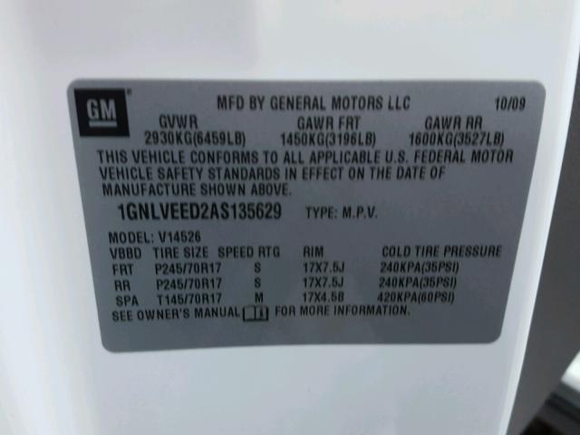 1GNLVEED2AS135629 - 2010 CHEVROLET TRAVERSE L WHITE photo 10