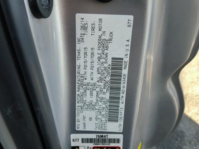 5TFTX4CNXEX045792 - 2014 TOYOTA TACOMA ACC SILVER photo 10