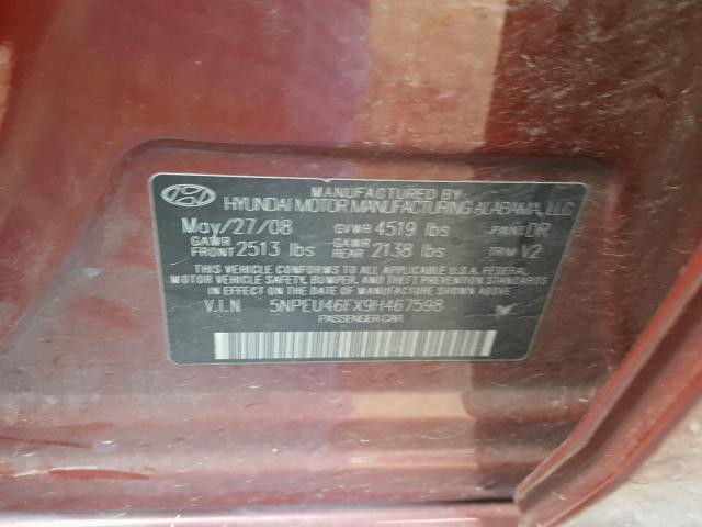 5NPEU46FX9H467598 - 2009 HYUNDAI SONATA SE MAROON photo 10