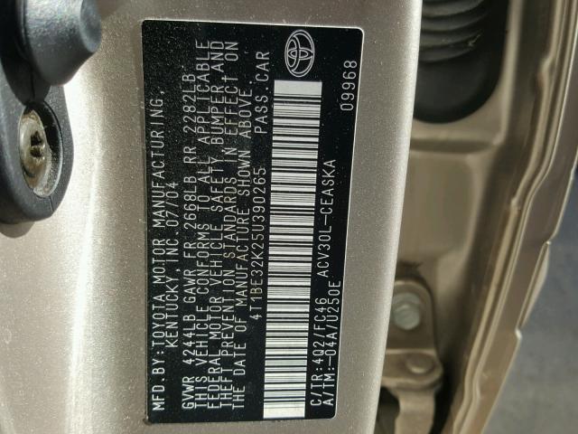 4T1BE32K25U390265 - 2005 TOYOTA CAMRY LE 金色 照片 10