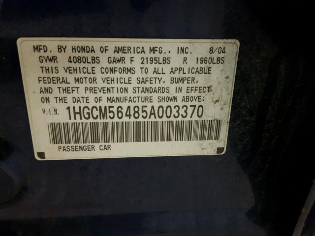 1HGCM56485A003370 - 2005 HONDA ACCORD LX BLUE photo 10