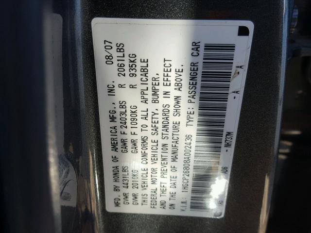 1HGCP26808A002436 - 2008 HONDA ACCORD EXL GRAY photo 10