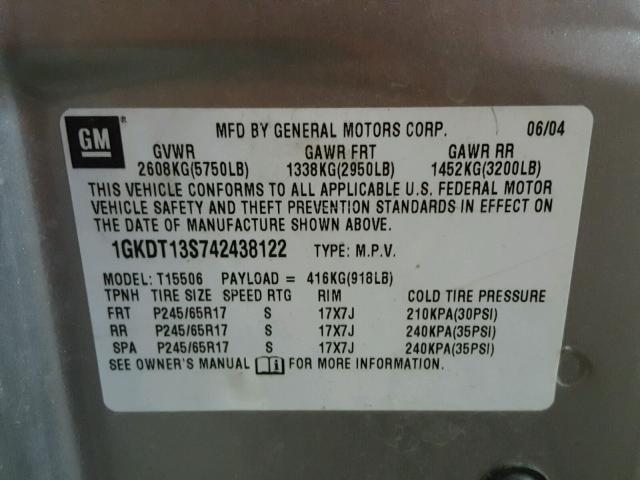1GKDT13S742438122 - 2004 GMC ENVOY 银色 照片 10