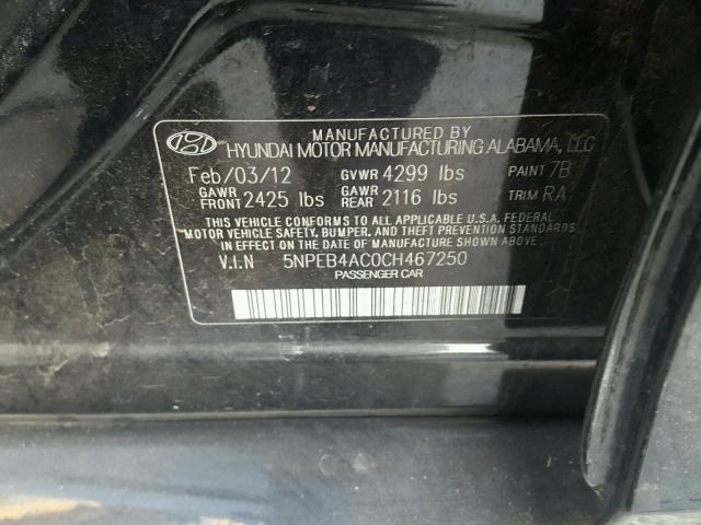 5NPEB4AC0CH467250 - 2012 HYUNDAI SONATA GLS BLACK photo 10