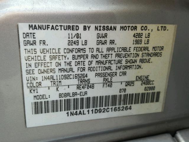 1N4AL11D92C165264 - 2002 NISSAN ALTIMA BAS SILVER photo 10