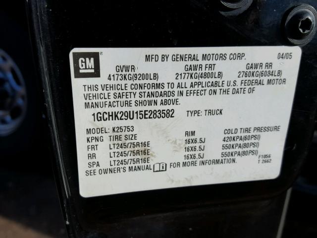 1GCHK29U15E283582 - 2005 CHEVROLET SILVERADO BLACK photo 10