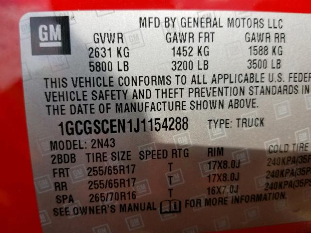 1GCGSCEN1J1154288 - 2018 CHEVROLET COLORADO L RED photo 10