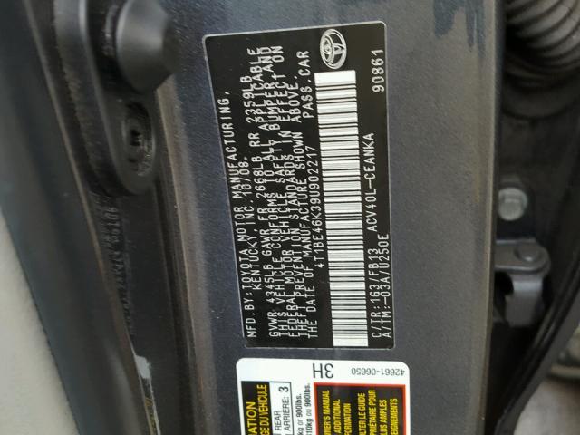 4T1BE46K39U902217 - 2009 TOYOTA CAMRY BASE GRAY photo 10