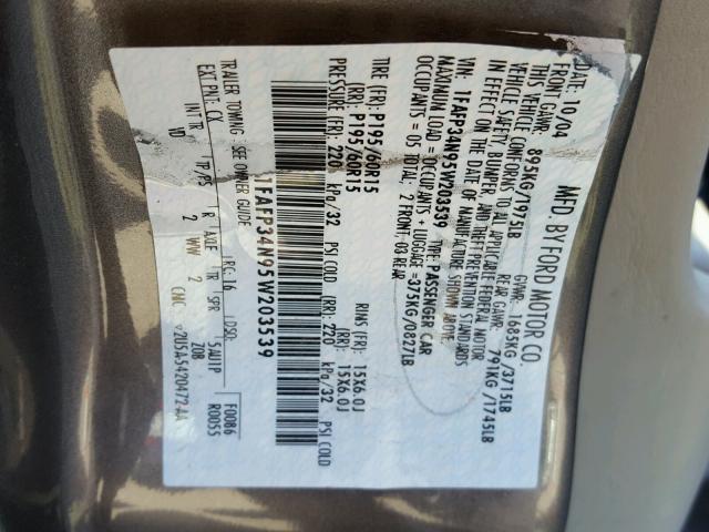 1FAFP34N95W203539 - 2005 FORD FOCUS ZX4 CHARCOAL photo 10