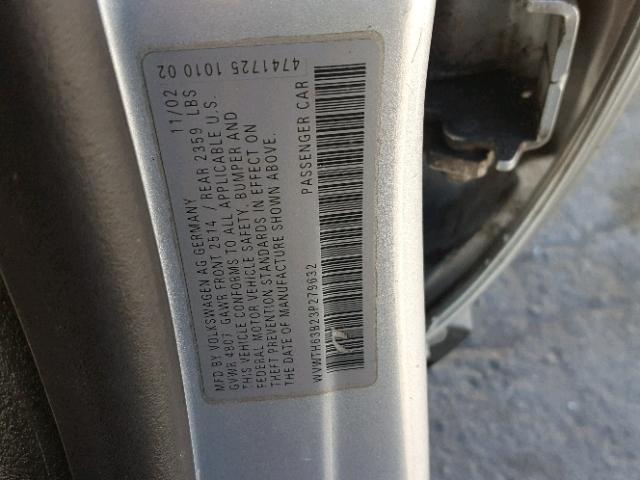 WVWTH63B23P279632 - 2003 VOLKSWAGEN PASSAT GLX SILVER photo 10