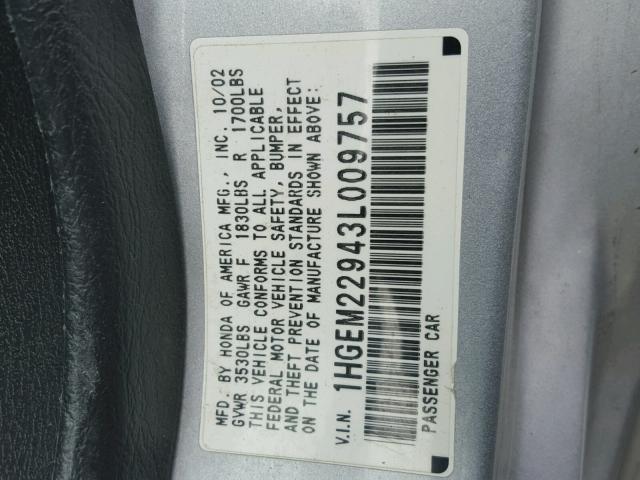 1HGEM22943L009757 - 2003 HONDA CIVIC EX SILVER photo 10