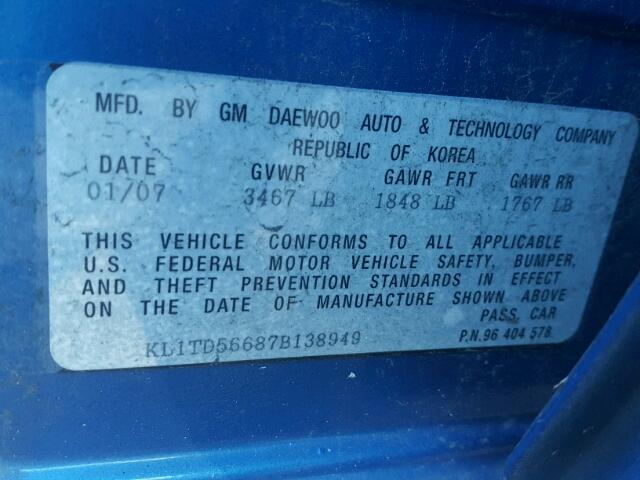 KL1TD56687B138949 - 2007 CHEVROLET AVEO BASE BLUE photo 10