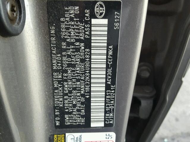 4T1BE32K84U904828 - 2004 TOYOTA CAMRY GRAY photo 10