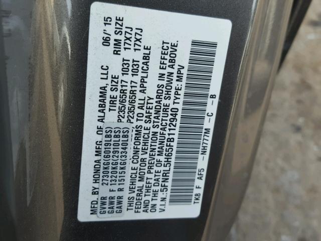 5FNRL5H65FB112940 - 2015 HONDA ODYSSEY EX CHARCOAL photo 10