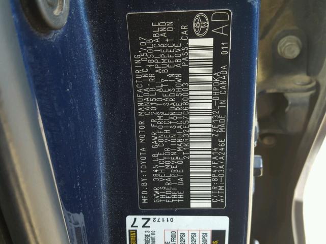 2T1KR32E57C680003 - 2007 TOYOTA COROLLA MA BLUE photo 9