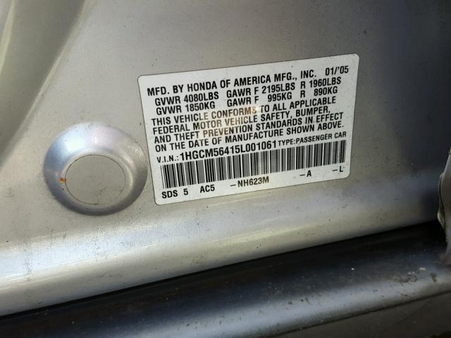 1HGCM56415L001061 - 2005 HONDA ACCORD LX SILVER photo 10