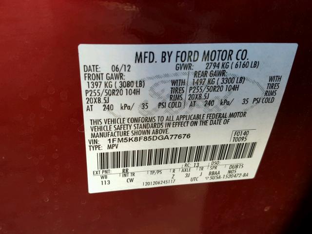 1FM5K8F85DGA77676 - 2013 FORD EXPLORER L RED photo 10