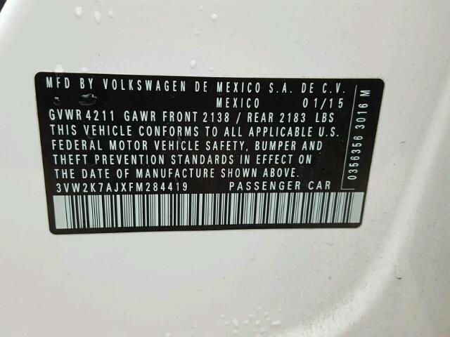 3VW2K7AJXFM284419 - 2015 VOLKSWAGEN JETTA BASE WHITE photo 10