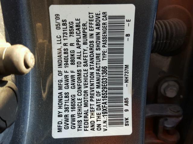 19XFA16529E031366 - 2009 HONDA CIVIC LX GRAY photo 10