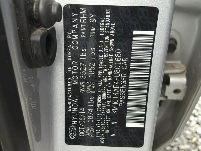 KMHCT4AE4FU801680 - 2015 HYUNDAI ACCENT GLS SILVER photo 10