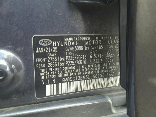 KM8SC13E85U966136 - 2005 HYUNDAI SANTA FE G BLUE photo 10