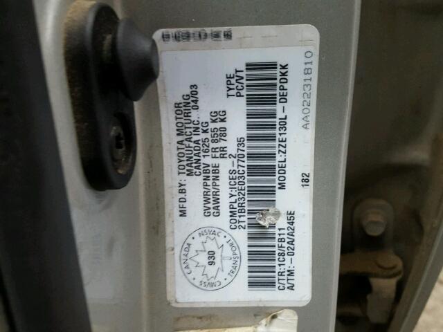 2T1BR32E03C770735 - 2003 TOYOTA COROLLA CE SILVER photo 10