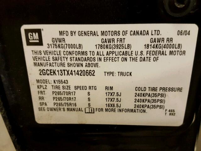 2GCEK13TX41420662 - 2004 CHEVROLET SILVERADO BLACK photo 10