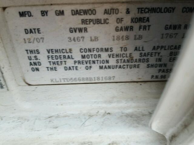 KL1TD56688B181687 - 2008 CHEVROLET AVEO BASE WHITE photo 10