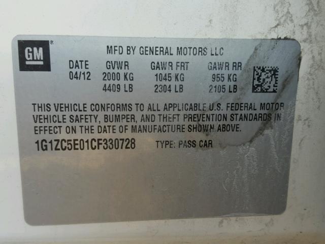 1G1ZC5E01CF330728 - 2012 CHEVROLET MALIBU 1LT 白色 照片 10