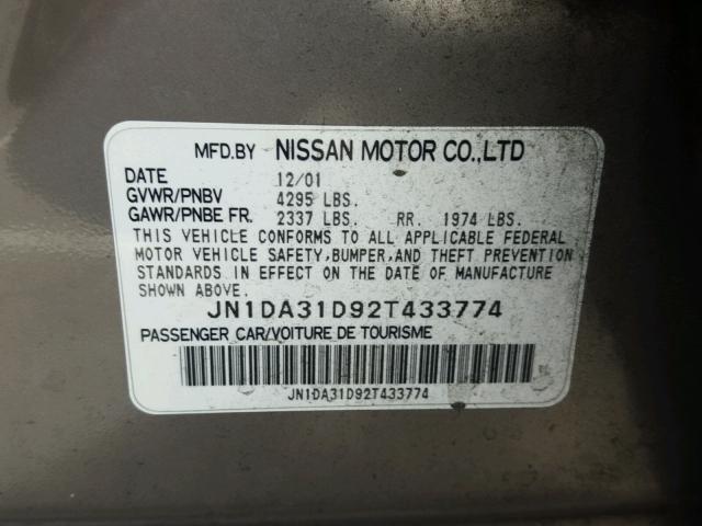 JN1DA31D92T433774 - 2002 NISSAN MAXIMA GLE GRAY photo 10