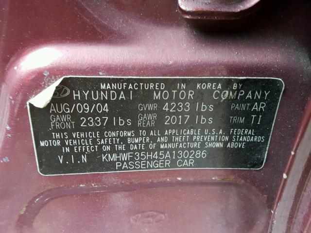 KMHWF35H45A130286 - 2005 HYUNDAI SONATA GLS BURGUNDY photo 10