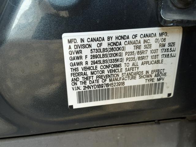 2HNYD18976H523918 - 2006 ACURA MDX TOURIN GRAY photo 10