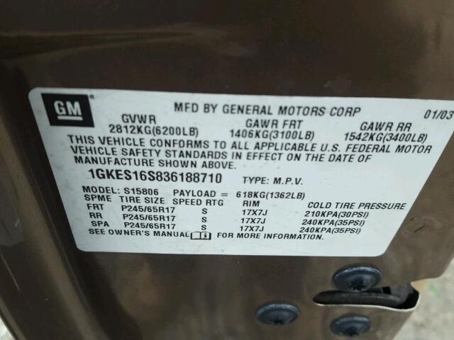 1GKES16S836188710 - 2003 GMC ENVOY XL TAN photo 10