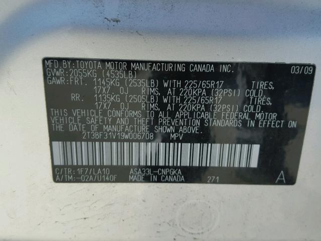 2T3BF31V19W006708 - 2009 TOYOTA RAV4 LIMIT SILVER photo 10