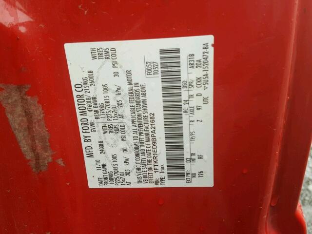 1FTKR1ED9BPA21682 - 2011 FORD RANGER SUP RED photo 10