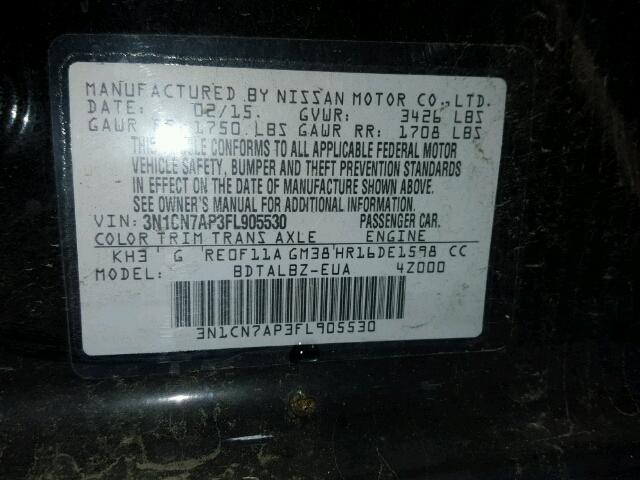 3N1CN7AP3FL905530 - 2015 NISSAN VERSA S BLACK photo 10