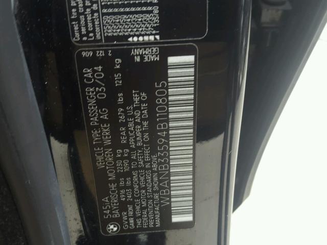 WBANB33594B110805 - 2004 BMW 545 I BLACK photo 10