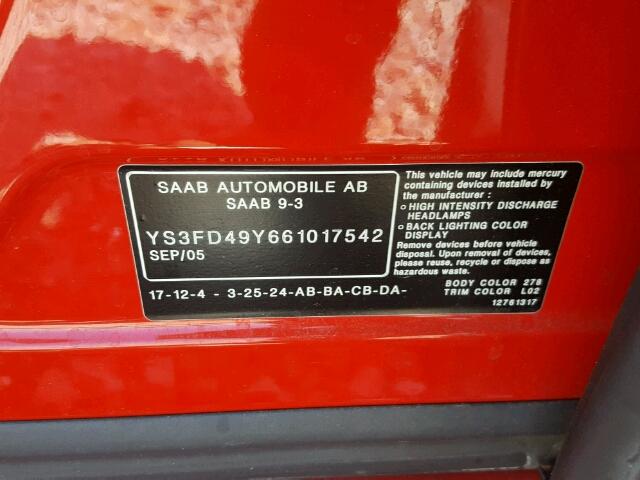 YS3FD49Y661017542 - 2006 SAAB 9-3 BASE RED photo 10