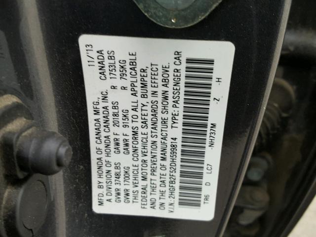 2HGFB2F52DH599814 - 2013 HONDA CIVIC LX GRAY photo 10