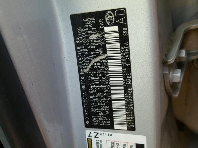 2T1KR32E26C605676 - 2006 TOYOTA COROLLA MA GRAY photo 10